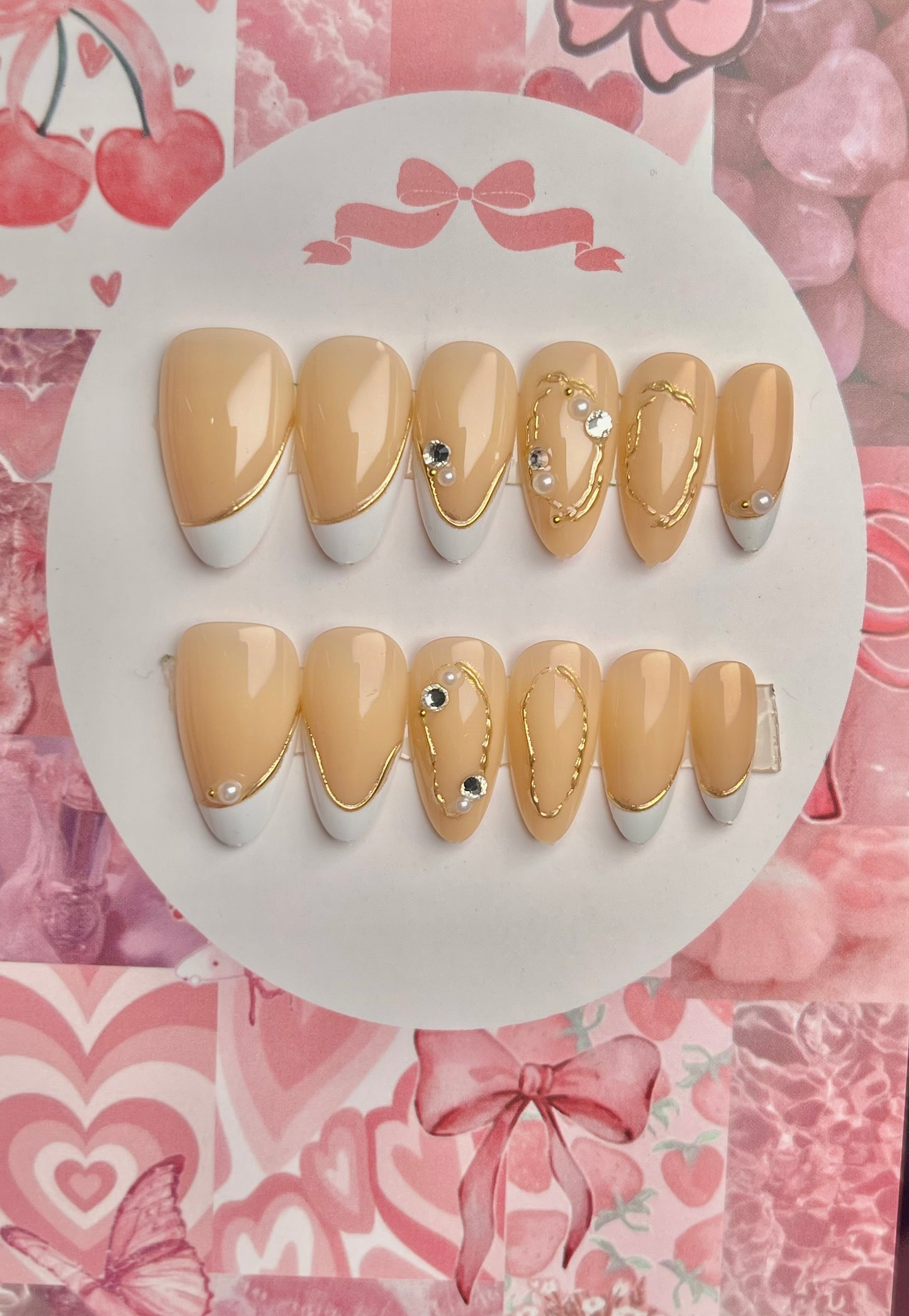 White french gold 3D chrome high quality press on nail set - cute gift card packaging