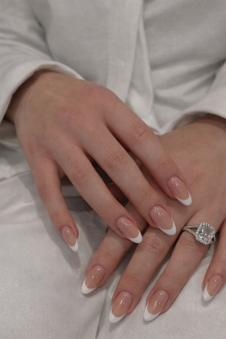 24pcs Hyper Realistic Classic White French Tip Almond Press-On Nails | Glossy Nude Full Cover Fake Nails | Reusable Salon Quality Nail Set | 24 PCS with Nail Tabs