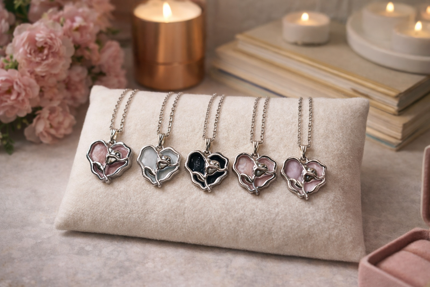 Stainless rose heart enamel pendant necklace