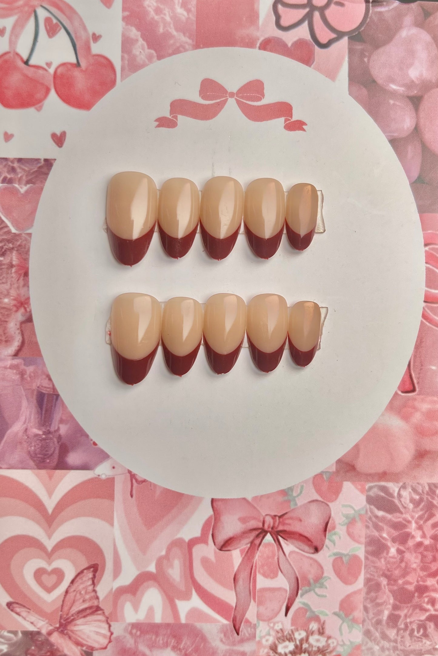 Maroon french tip high quality press on nail set - cute gift card packaging