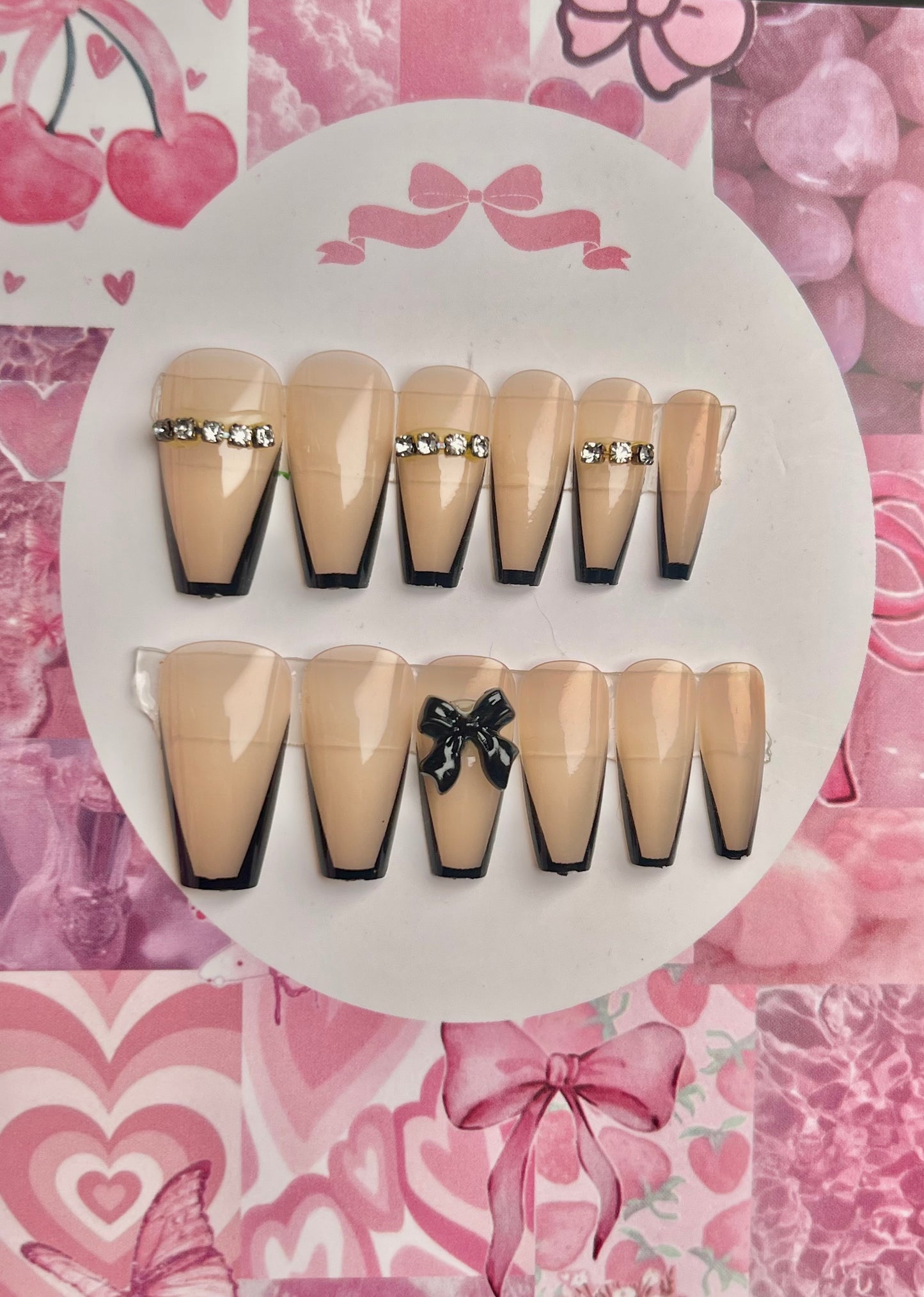 Cute black bow french coffin shape nails - cute gift card packaging