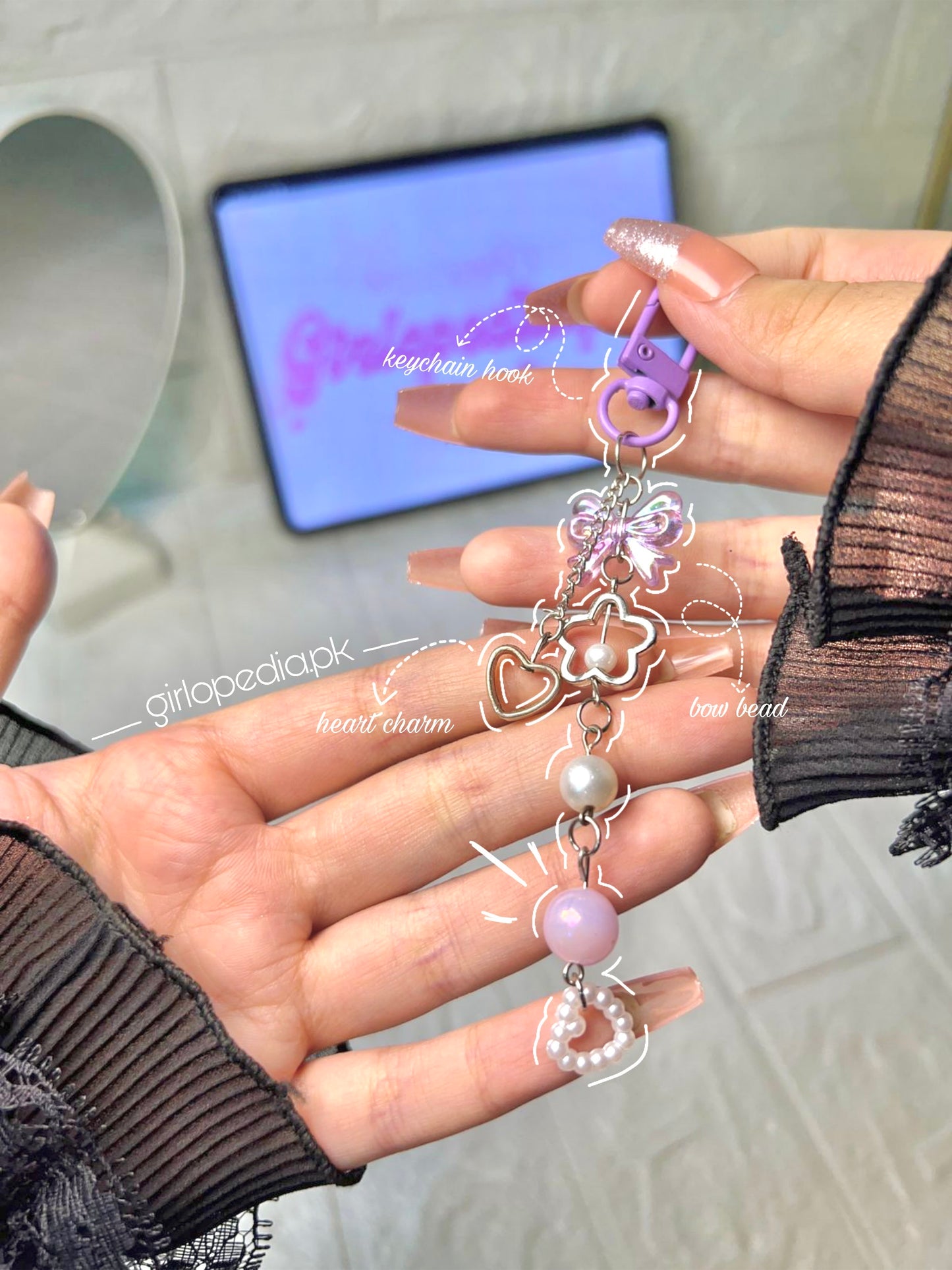 Cute lilac purple trendy beaded keychain