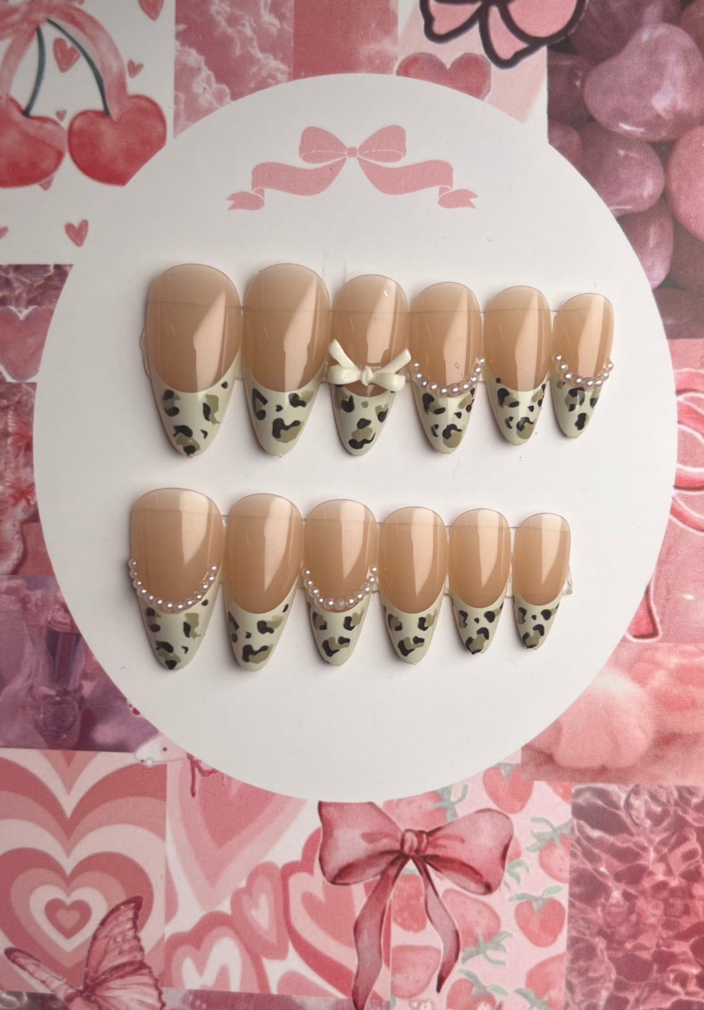 Handmade french print bow 12pcs nail set - cute gift card packaging