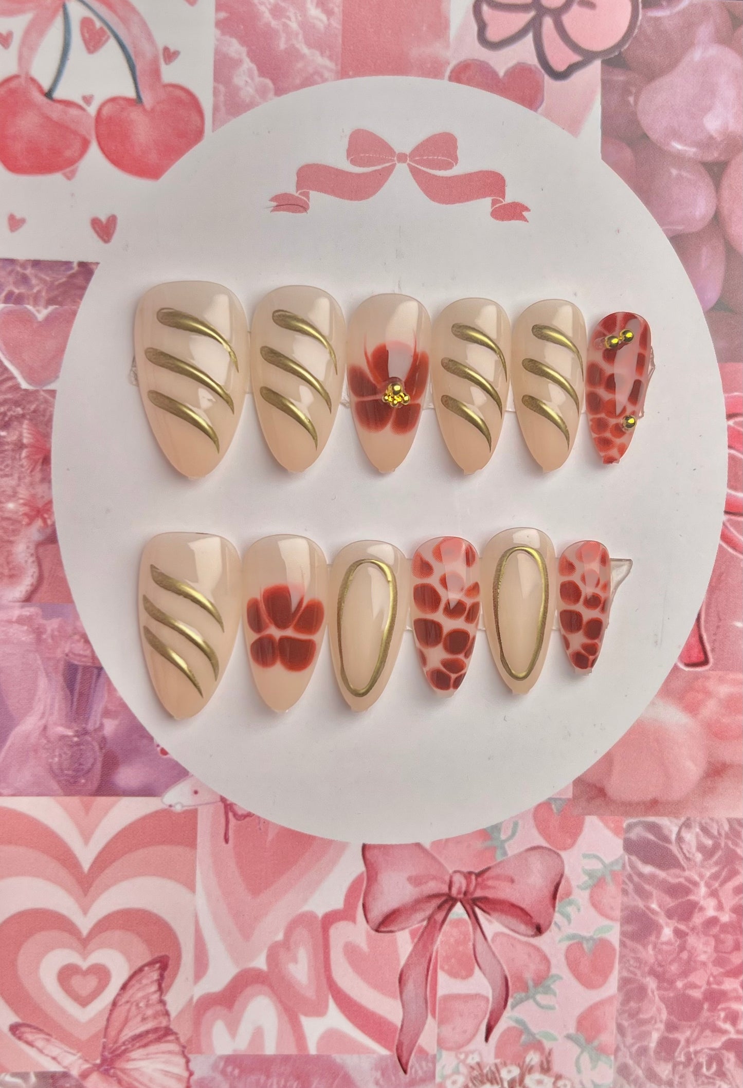 Elegant red & gold 3D chrome nail set - cute gift card packaging