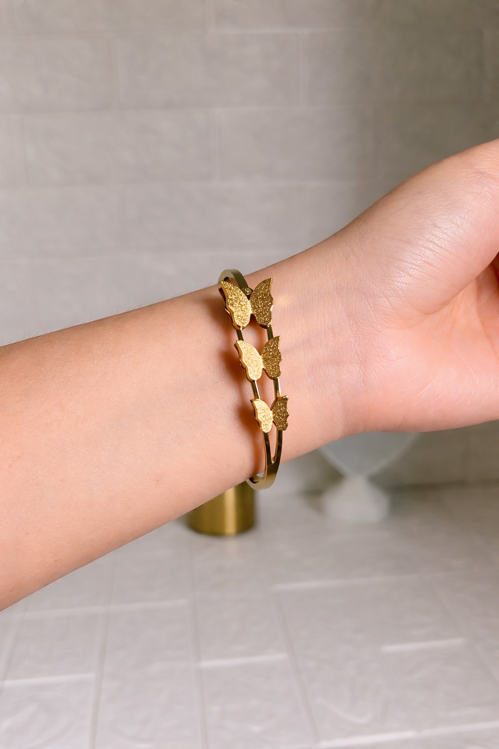Stainless steel openable golden butterfly cuff bracelet