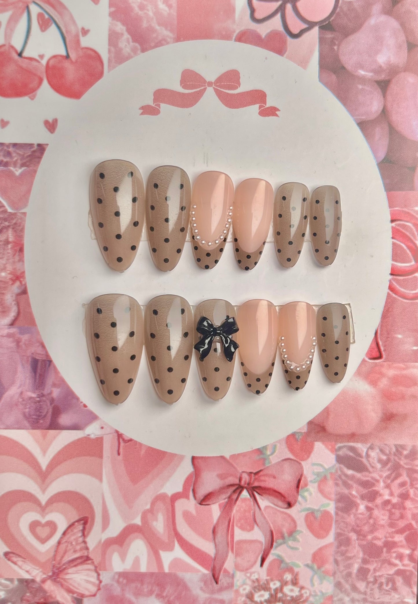 Polka dot french bow press on nail set - gift card packaging