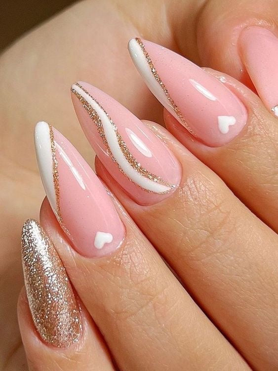 Luxury Blush Pink French Swirl Heart Glitter Almond Press-On Nails | Elegant Glossy Nude Nail Set | Reusable Full Cover Fake Nails | 24 PCS with Jelly Glue Tabs ✨
