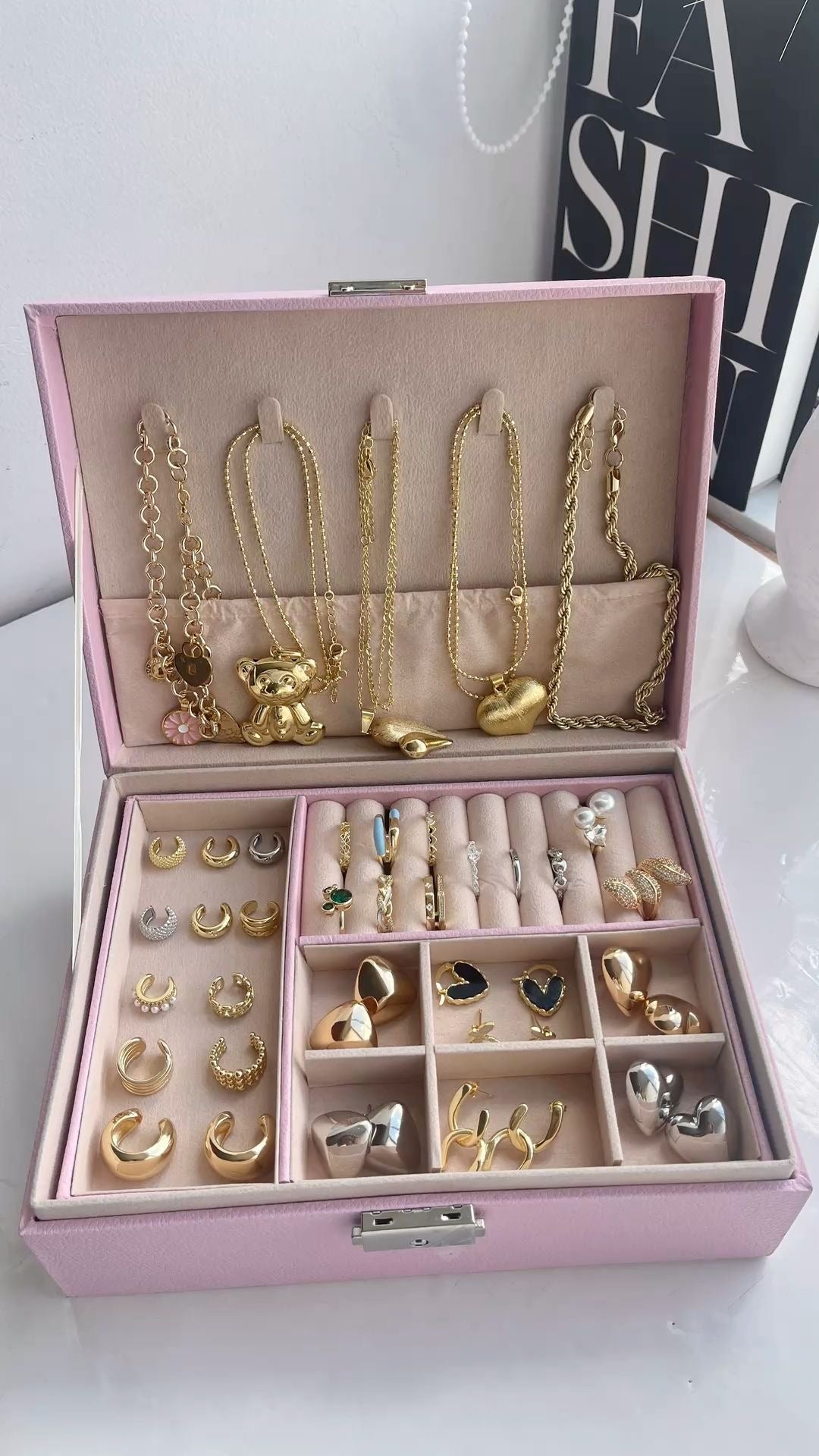 Premium leather pink multi layer vanity jewelry organizer