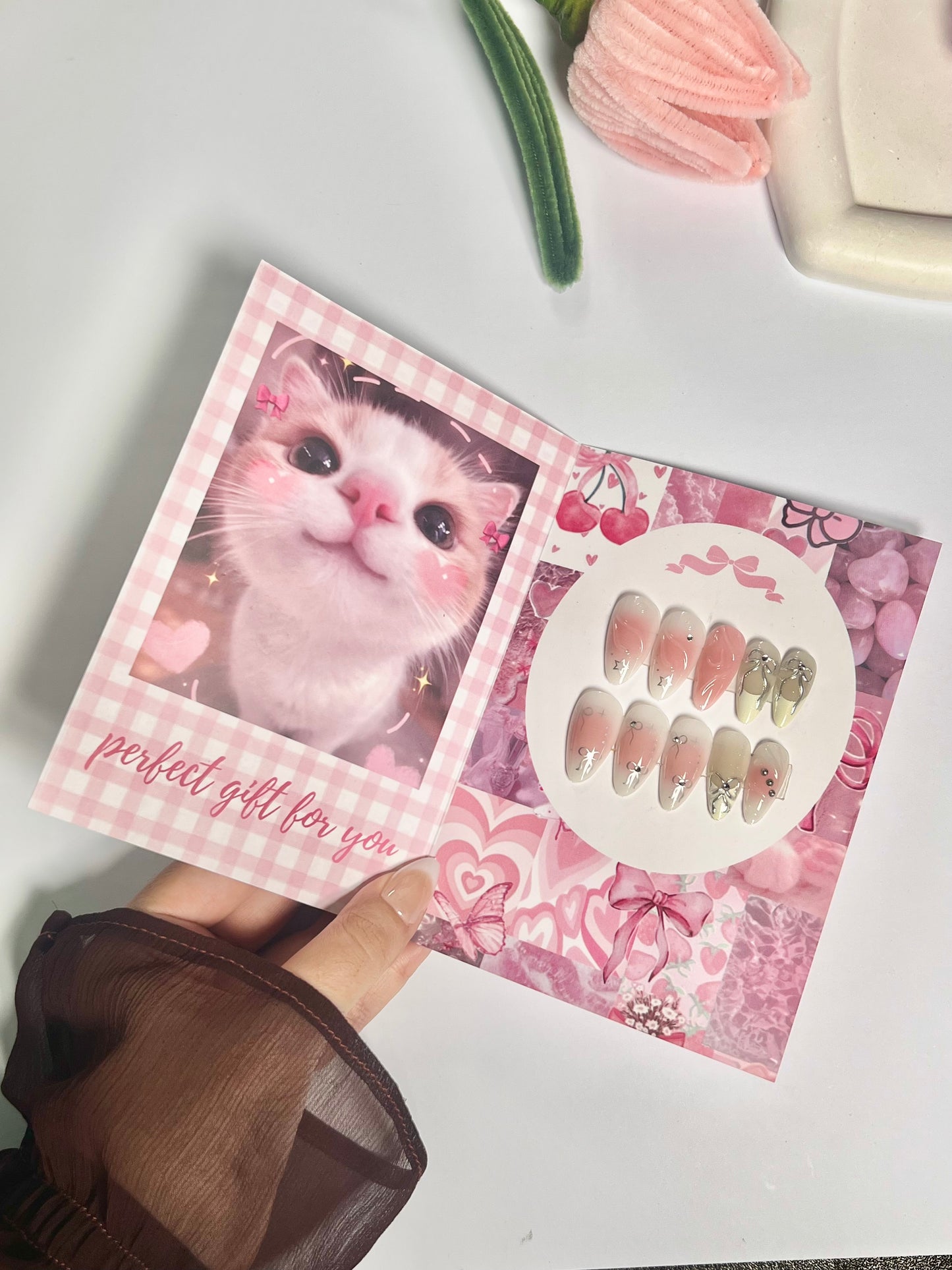 Pink & white cute bow french tip nail set - cute gift card packaging