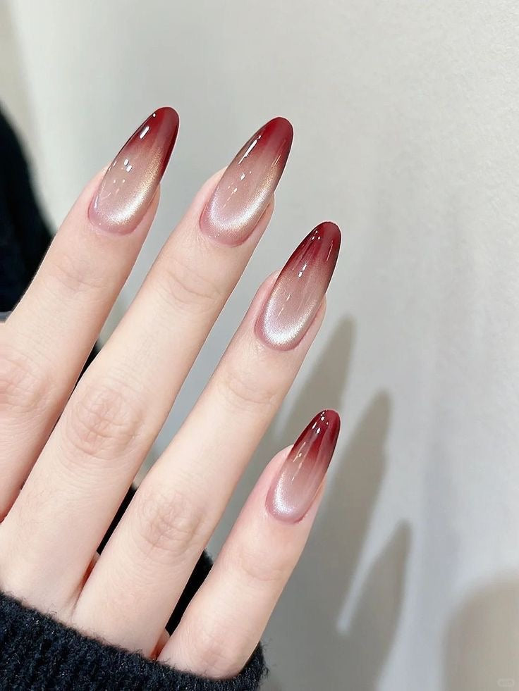 24pcs red ombre cat eye nails set Reusable Fake Nails with Free Nail Tabs Stickers | Glossy Artificial Full Cover Nail Set for Women & Girls
