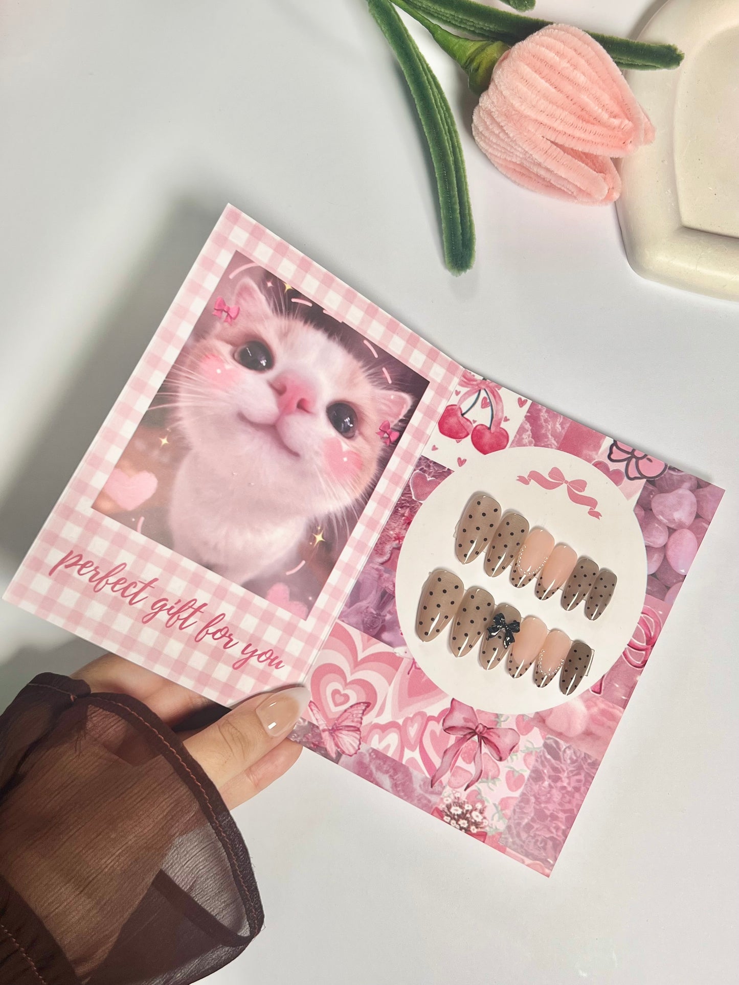 Polka dot french bow press on nail set - gift card packaging