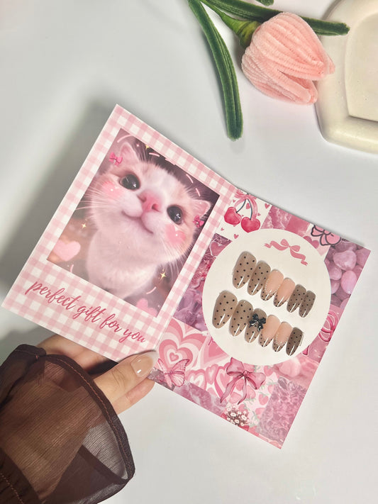 Polka dot french bow press on nail set - gift card packaging