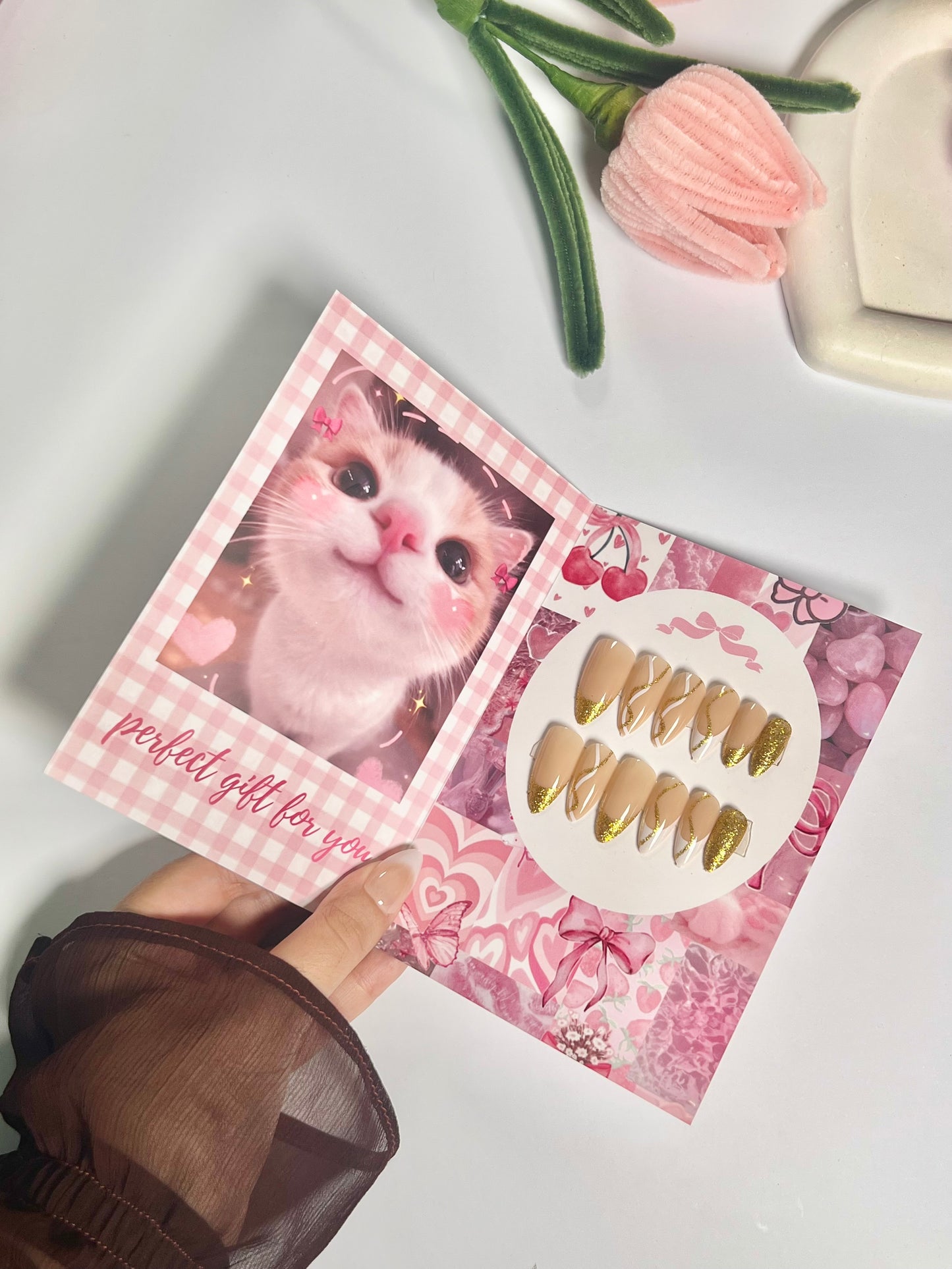 Gold french handmade nail set - cute gift card packaging