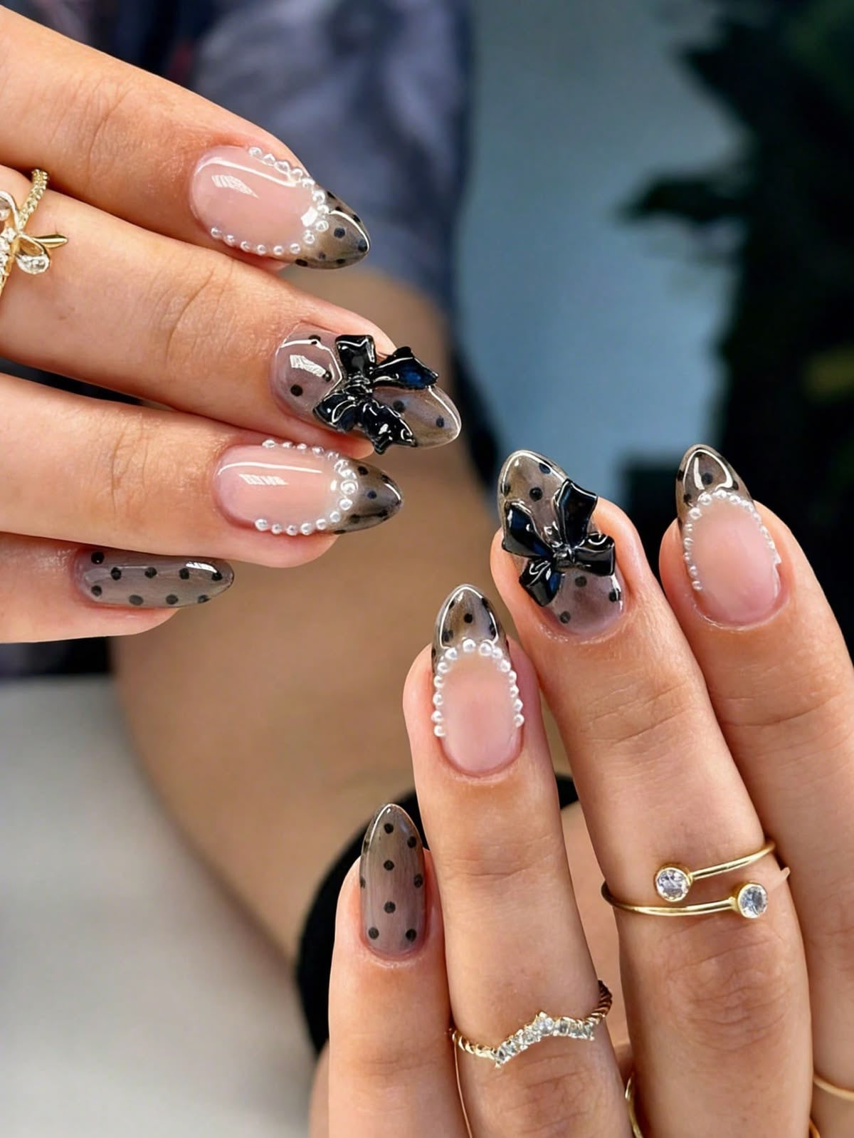 24pcs polka dot realistic french 3d bow Press On Nails | Reusable Fake Nails with Free Nail Tabs Stickers | Glossy Artificial Full Cover Nail Set for Women & Girls