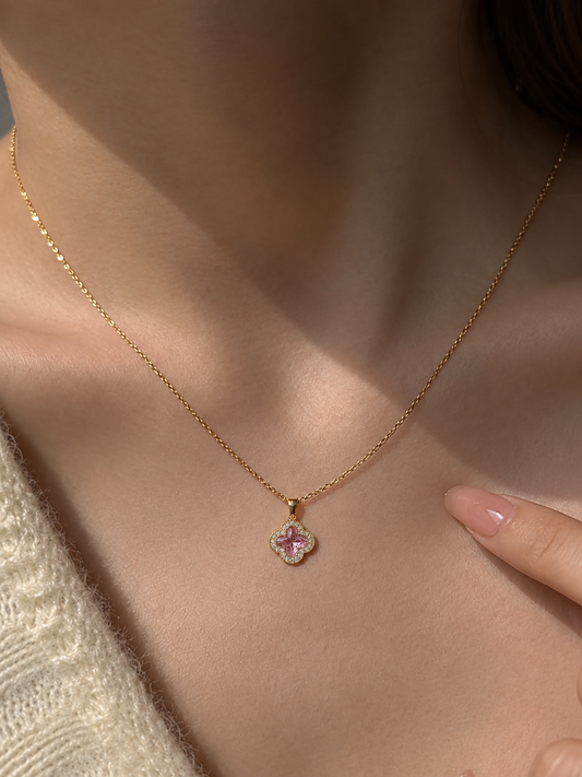 Elegant pink clover stainless steel pendant aesthetic Pinteresty necklace