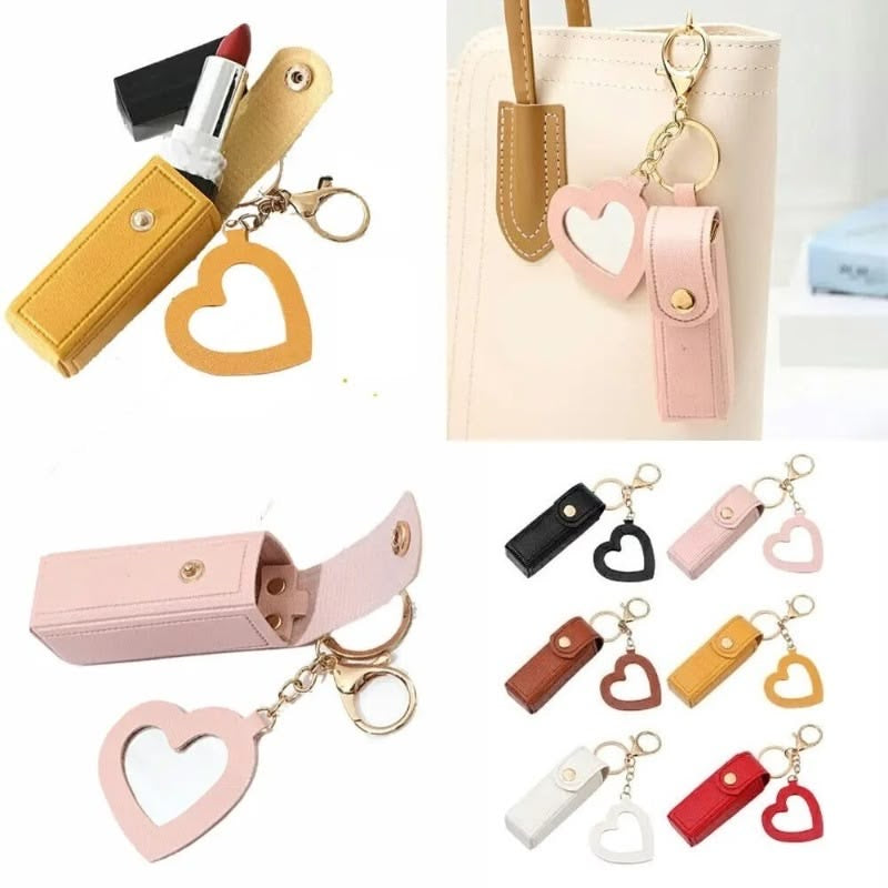 Portable cosmetic case compact mini lipstick holder gloss portable keychain with mirror