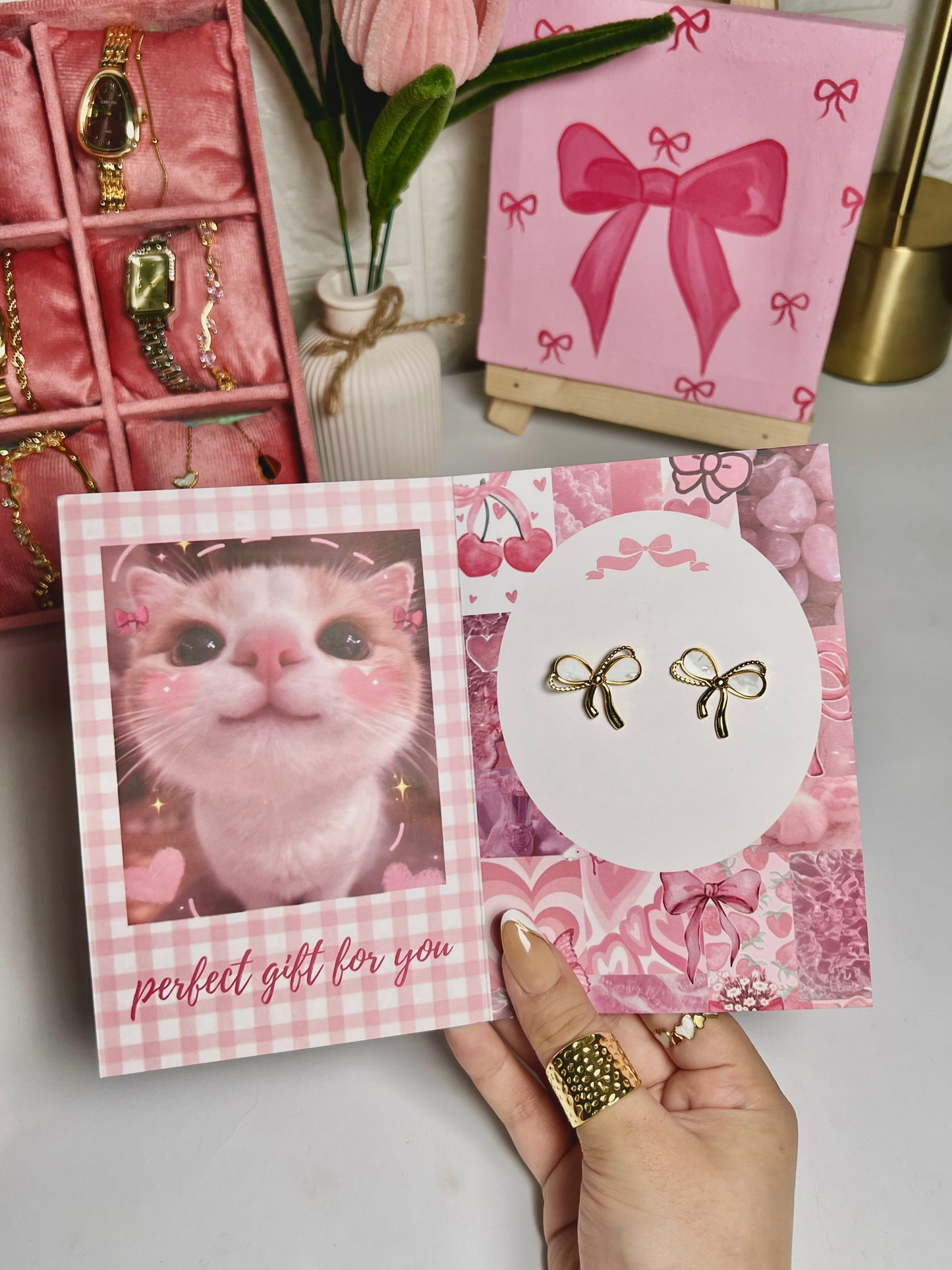 Korean style bow earrings with premium gift card packaging
