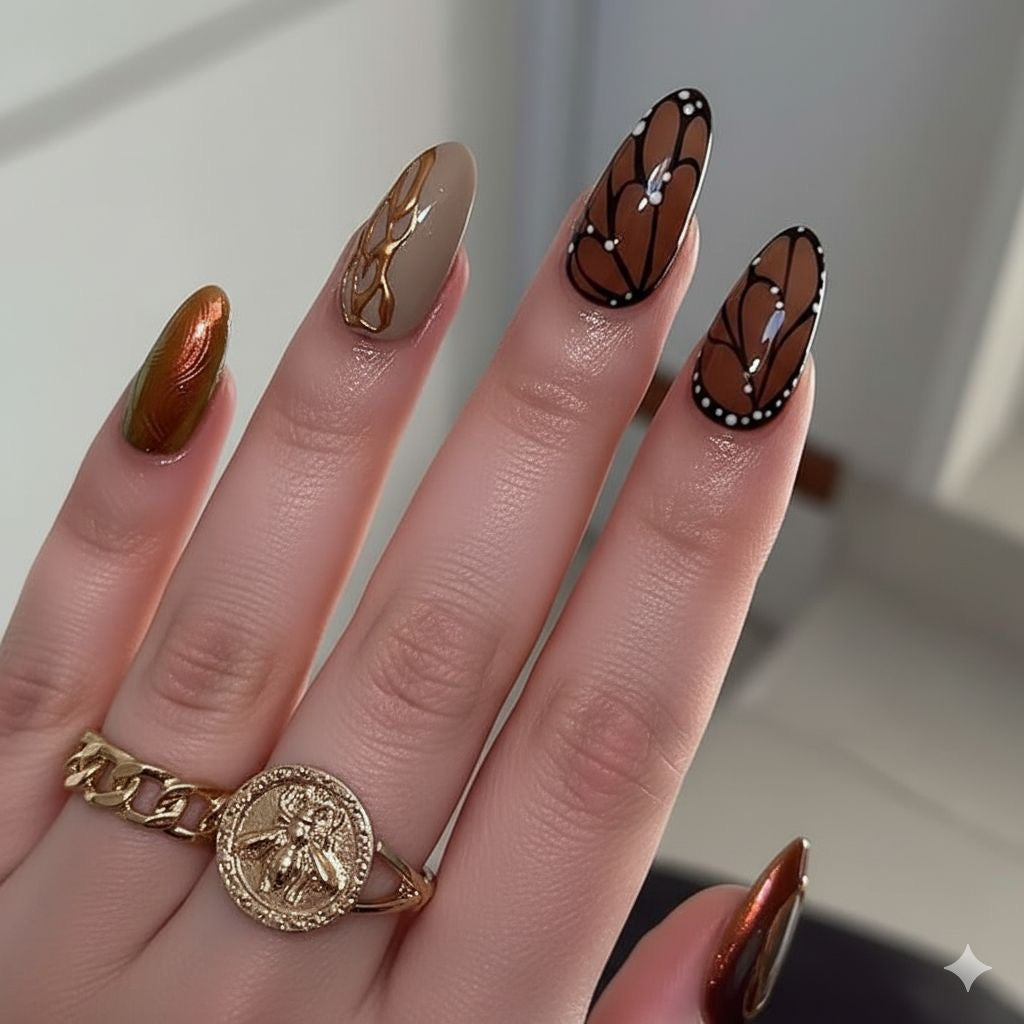 24 Pcs Butterfly Chrome 3D Press On Nails | Reusable Fake Nails with Free Nail Tabs Stickers | Glossy Artificial Full Cover Nail Set for Women & Girls
