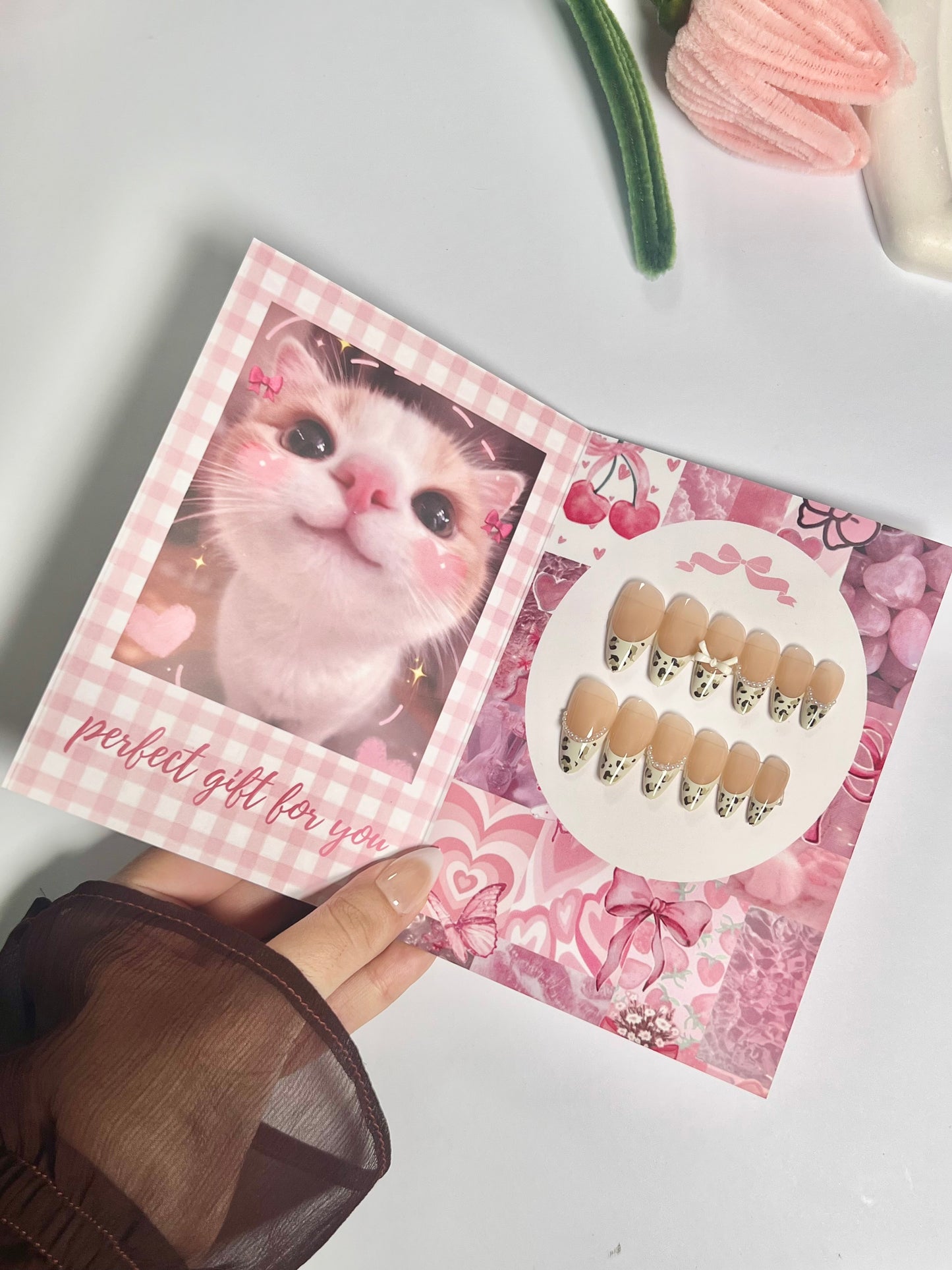 Handmade french print bow 12pcs nail set - cute gift card packaging