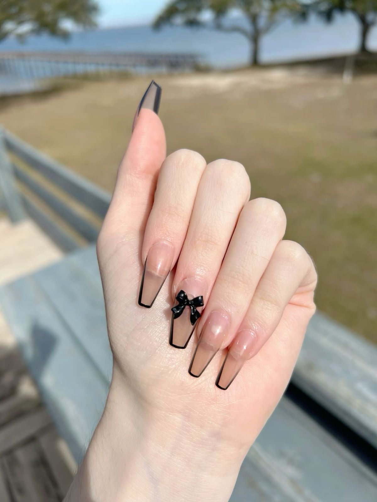 24pcs Beautiful coffin shape 3d bow Press On Nails | Reusable Fake Nails with Free Nail Tabs Stickers | Glossy Artificial Full Cover Nail Set for Women & Girls