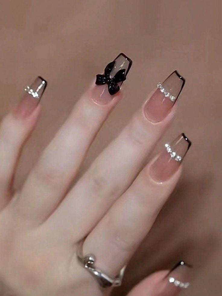 24pcs Beautiful coffin shape 3d bow Press On Nails | Reusable Fake Nails with Free Nail Tabs Stickers | Glossy Artificial Full Cover Nail Set for Women & Girls