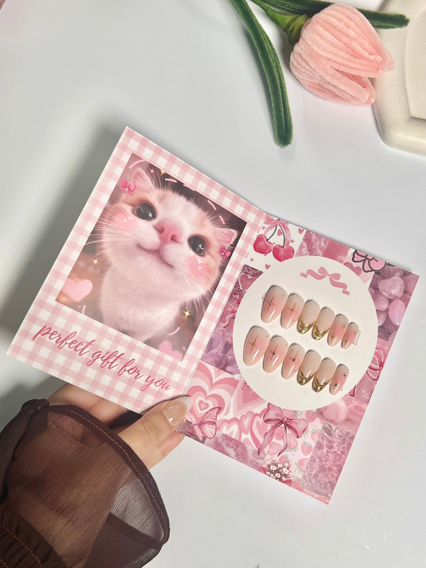Most demanded cute pink & gold chrome 3D nail set - cute gift card packaging