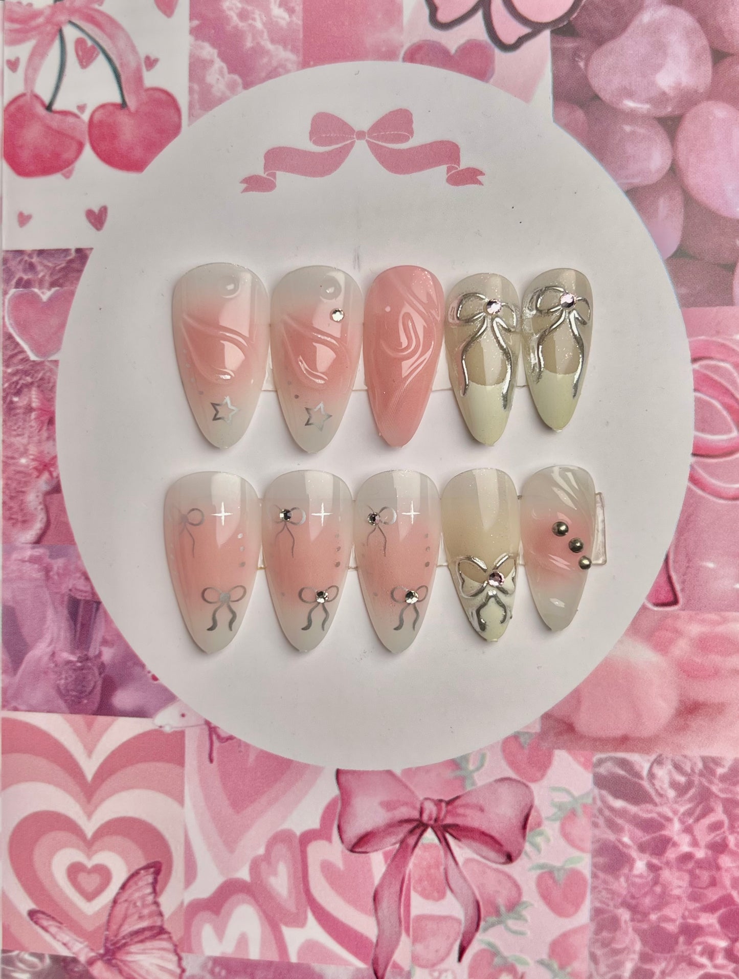 Pink & white cute bow french tip nail set - cute gift card packaging