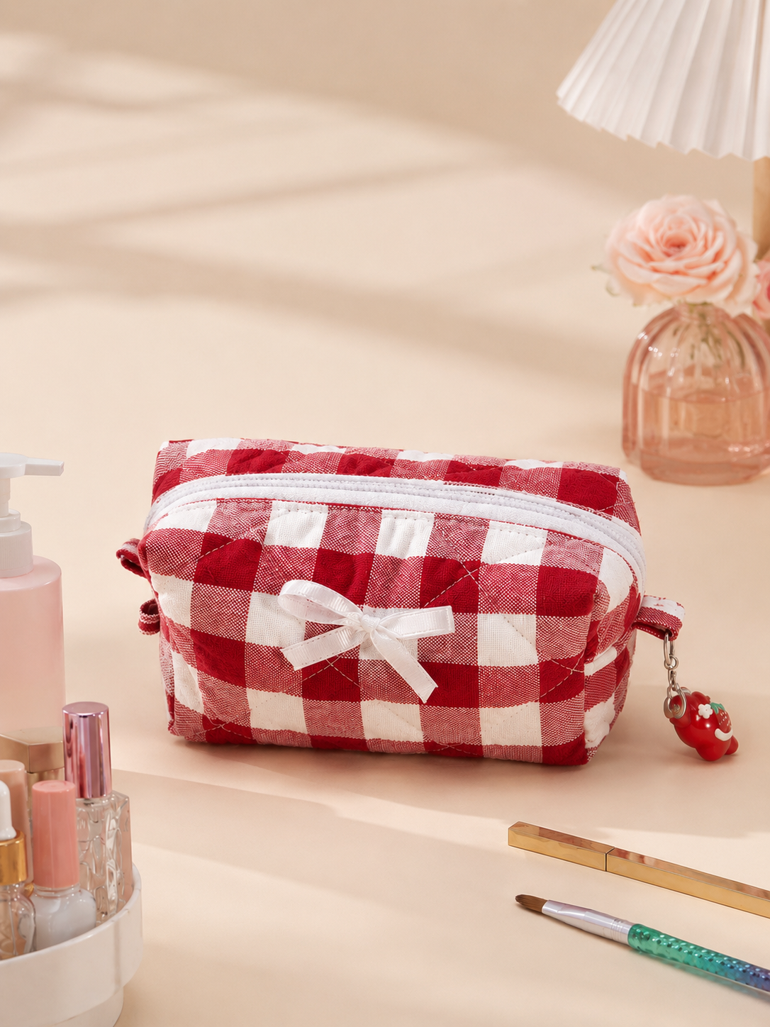 Red checkered makeup pouch with cute charm zipper