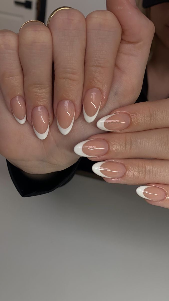 24pcs Hyper Realistic Classic White French Tip Almond Press-On Nails | Glossy Nude Full Cover Fake Nails | Reusable Salon Quality Nail Set | 24 PCS with Nail Tabs
