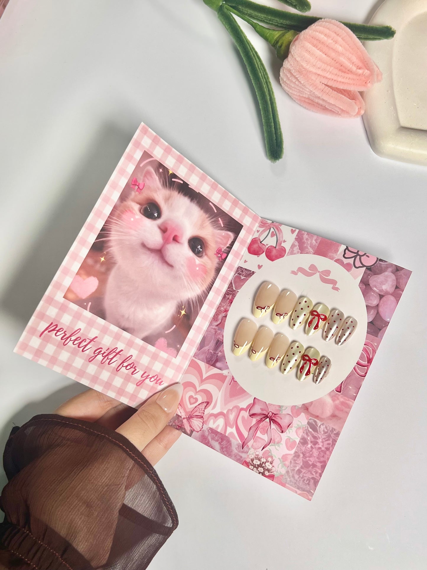 Red bow french cute handmade nail set - cute gift card packaging