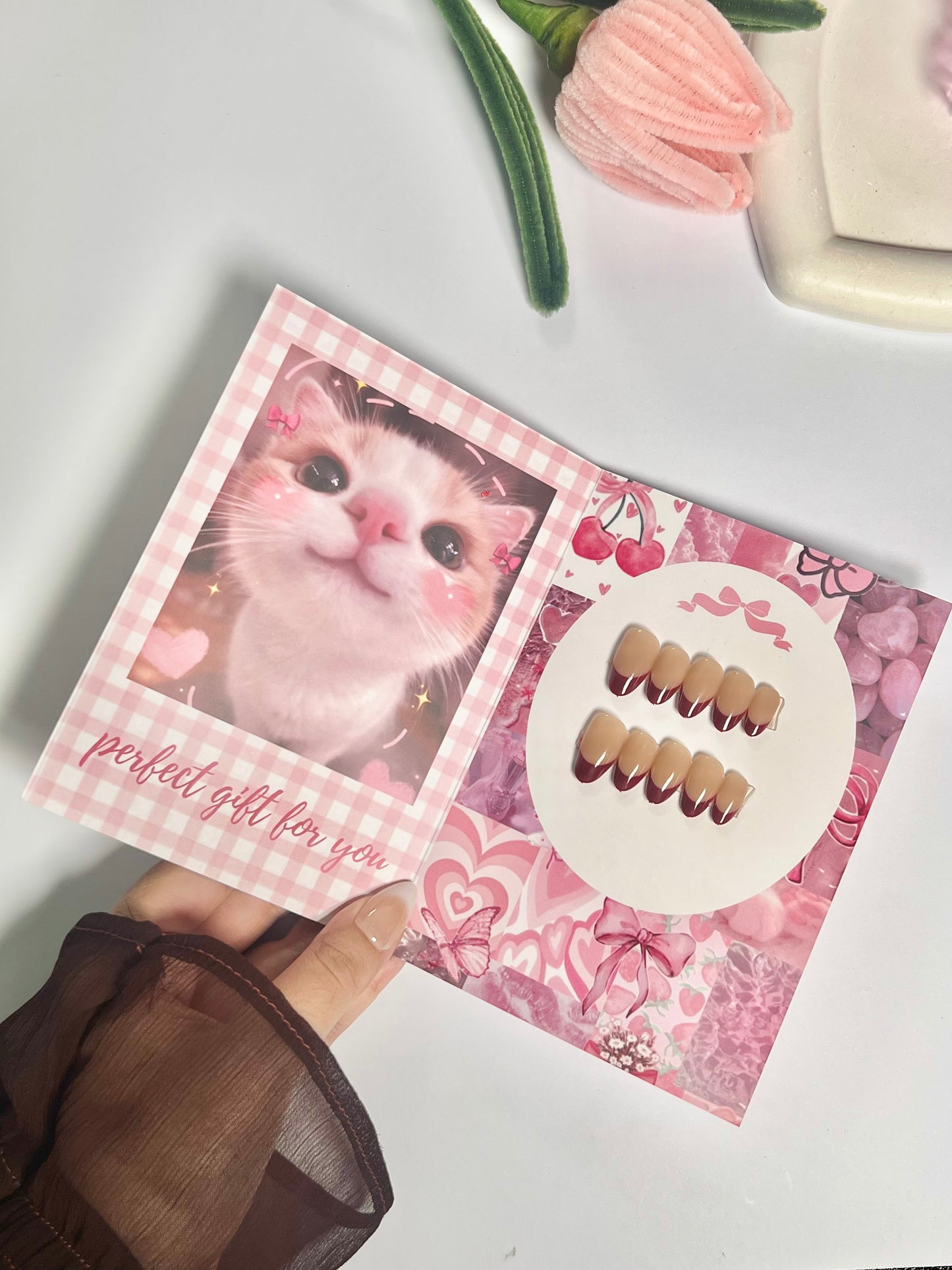 Maroon french tip high quality press on nail set - cute gift card packaging
