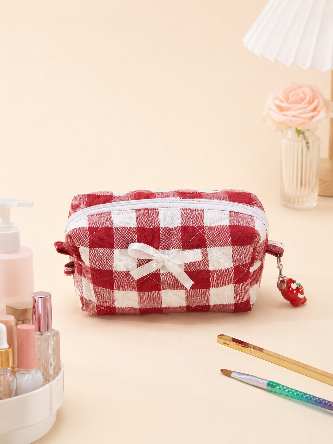 Red checkered makeup pouch with cute charm zipper