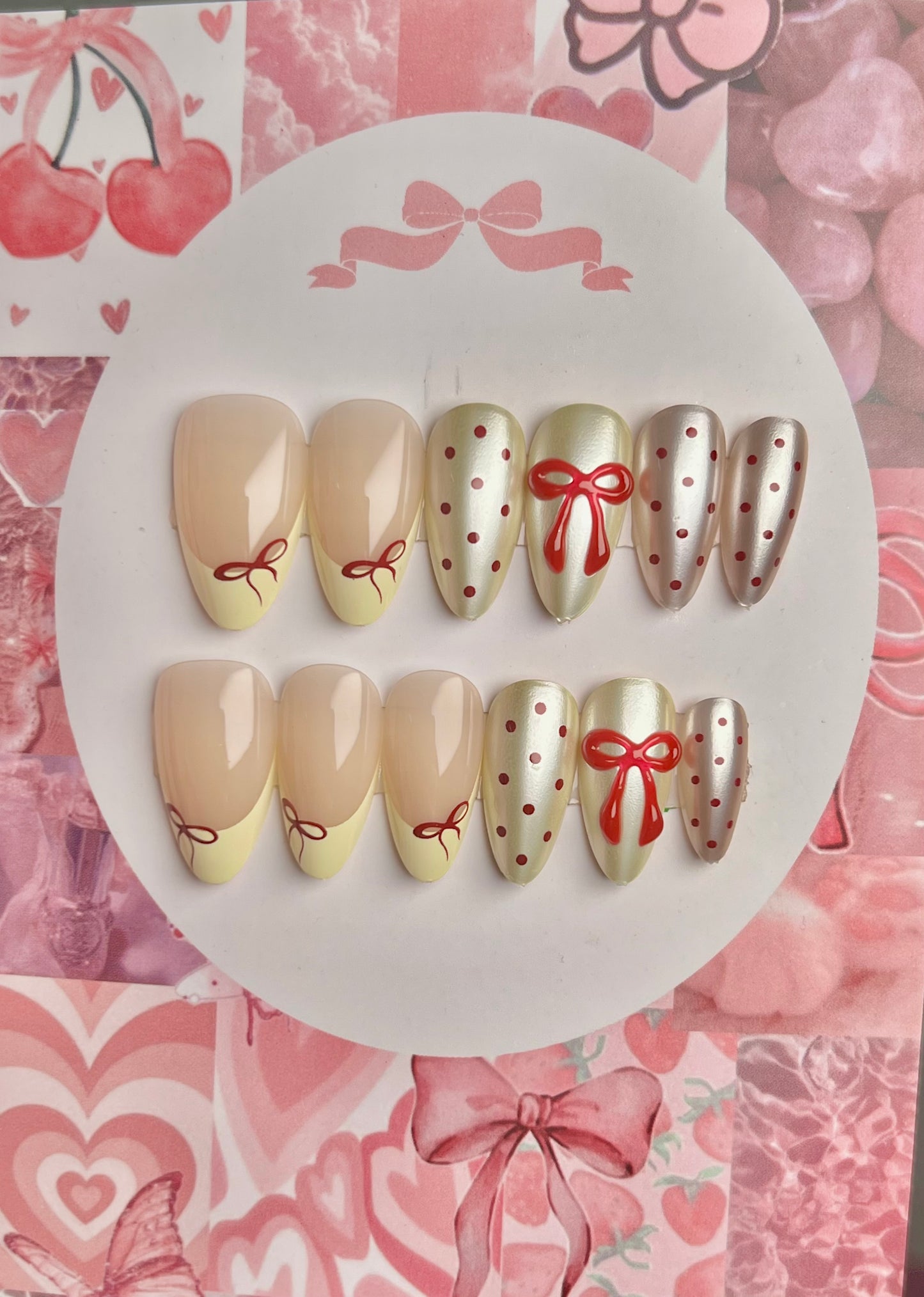 Red bow french cute handmade nail set - cute gift card packaging