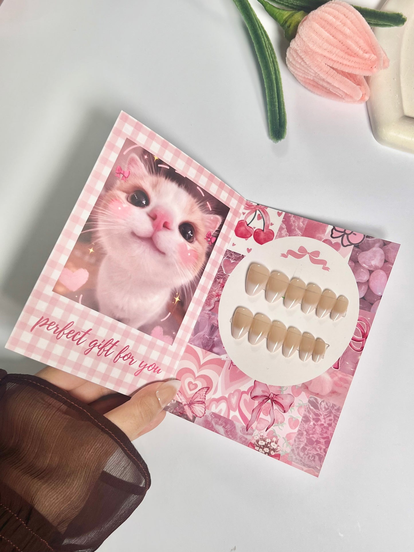 Natural french realistic nail set - cute gift card packaging