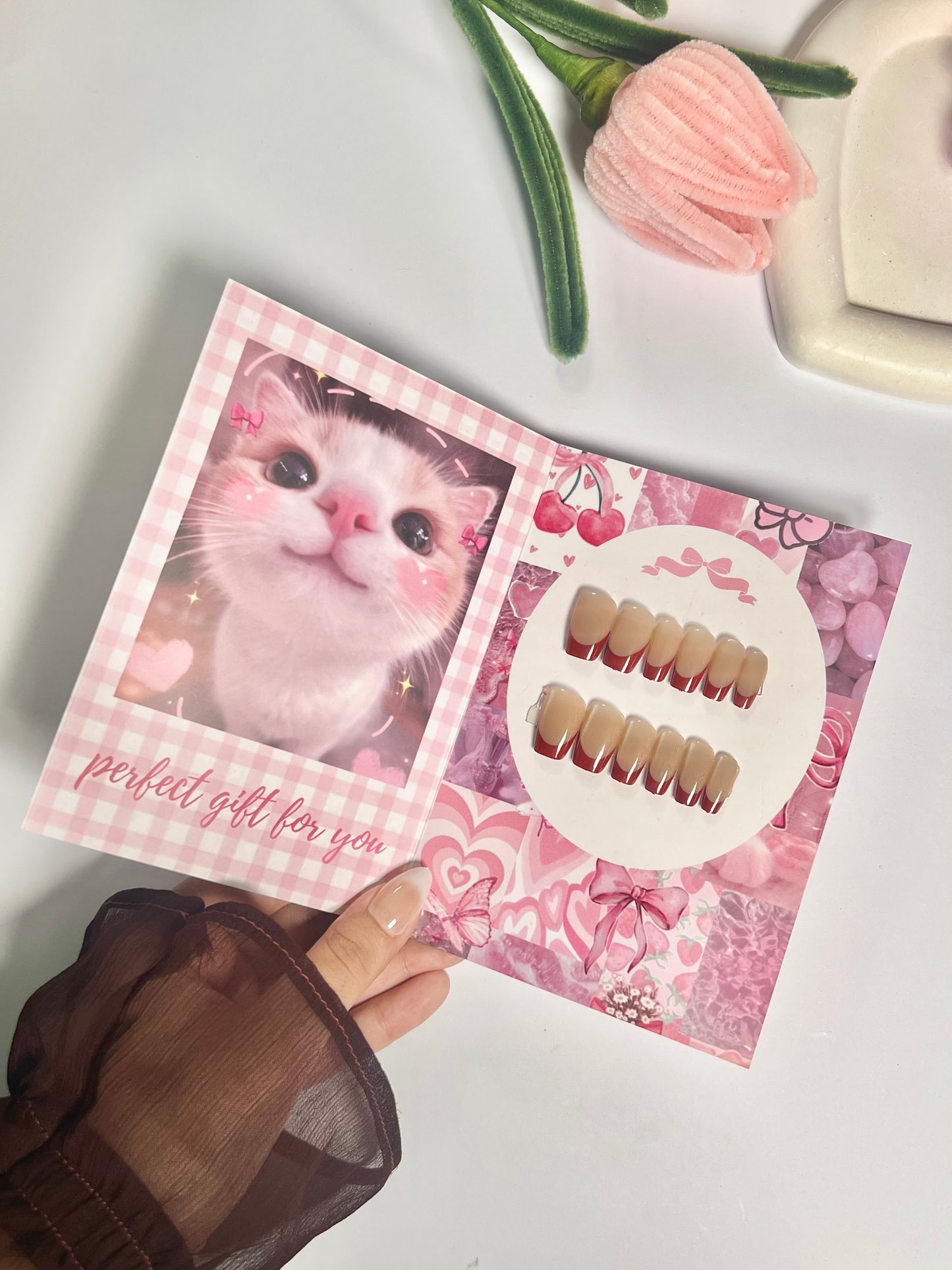 Cat eye red french nail set- gift card packaging