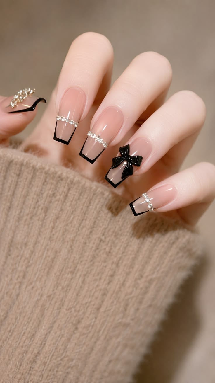 24pcs Beautiful coffin shape 3d bow Press On Nails | Reusable Fake Nails with Free Nail Tabs Stickers | Glossy Artificial Full Cover Nail Set for Women & Girls