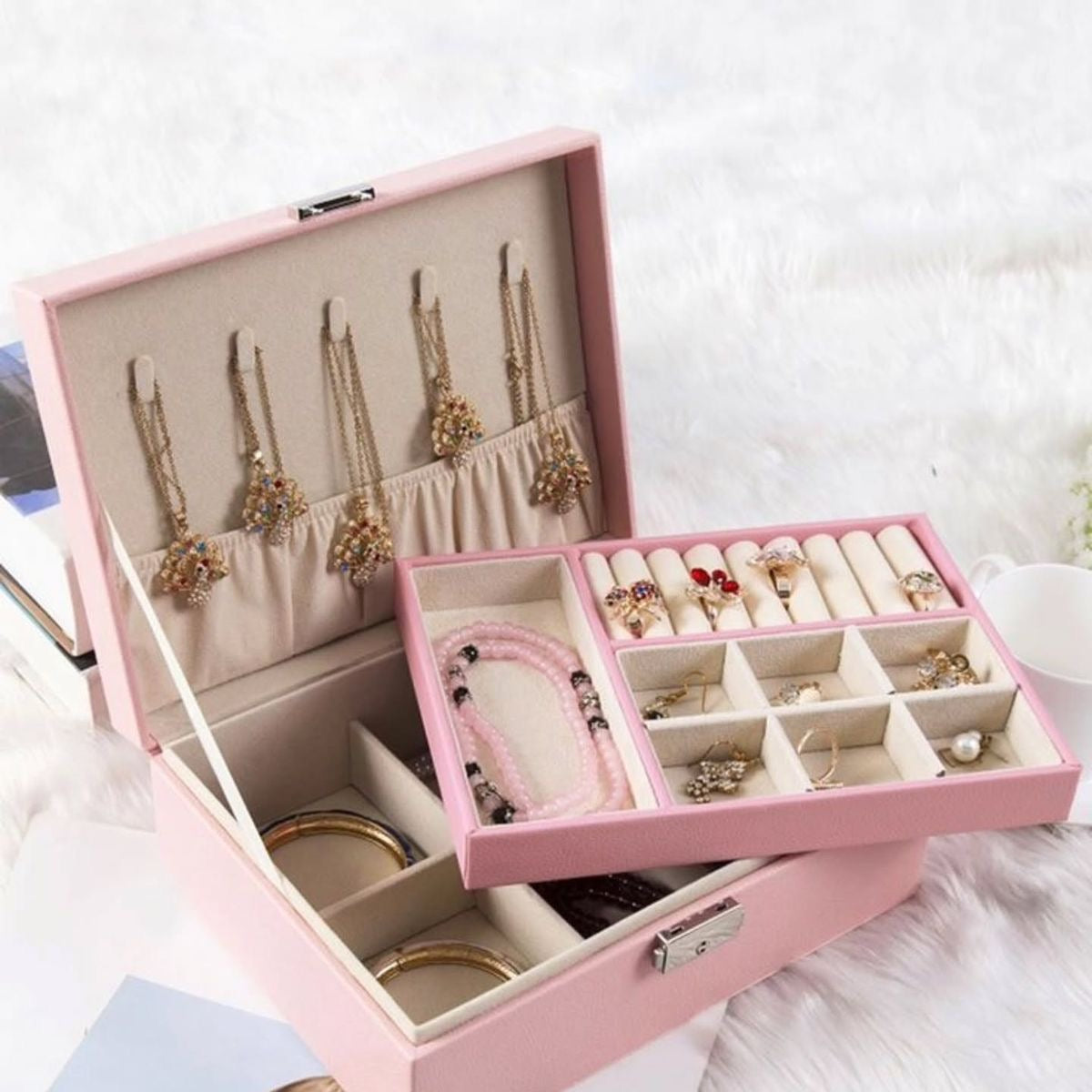 Premium leather pink multi layer vanity jewelry organizer