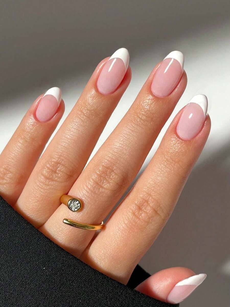 24pcs Hyper Realistic Classic White French Tip Almond Press-On Nails | Glossy Nude Full Cover Fake Nails | Reusable Salon Quality Nail Set | 24 PCS with Nail Tabs