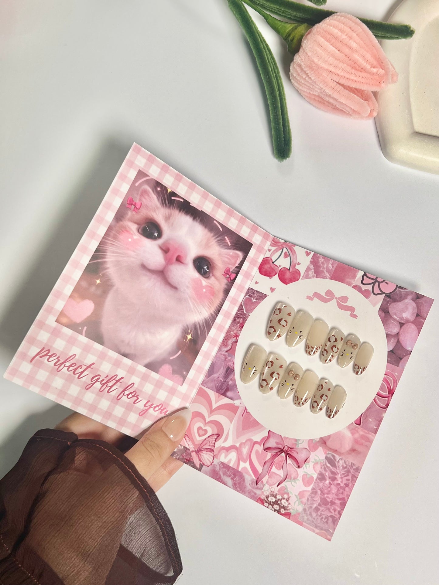 Cute kitty leopard print cat eye nail set - cute gift card packaging