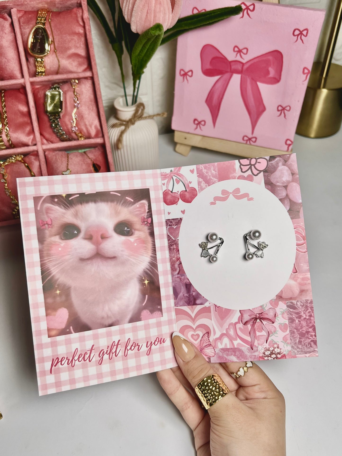 Cute silver korean earrings/studs with premium gift card packaging