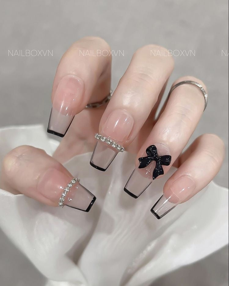 24pcs Beautiful coffin shape 3d bow Press On Nails | Reusable Fake Nails with Free Nail Tabs Stickers | Glossy Artificial Full Cover Nail Set for Women & Girls