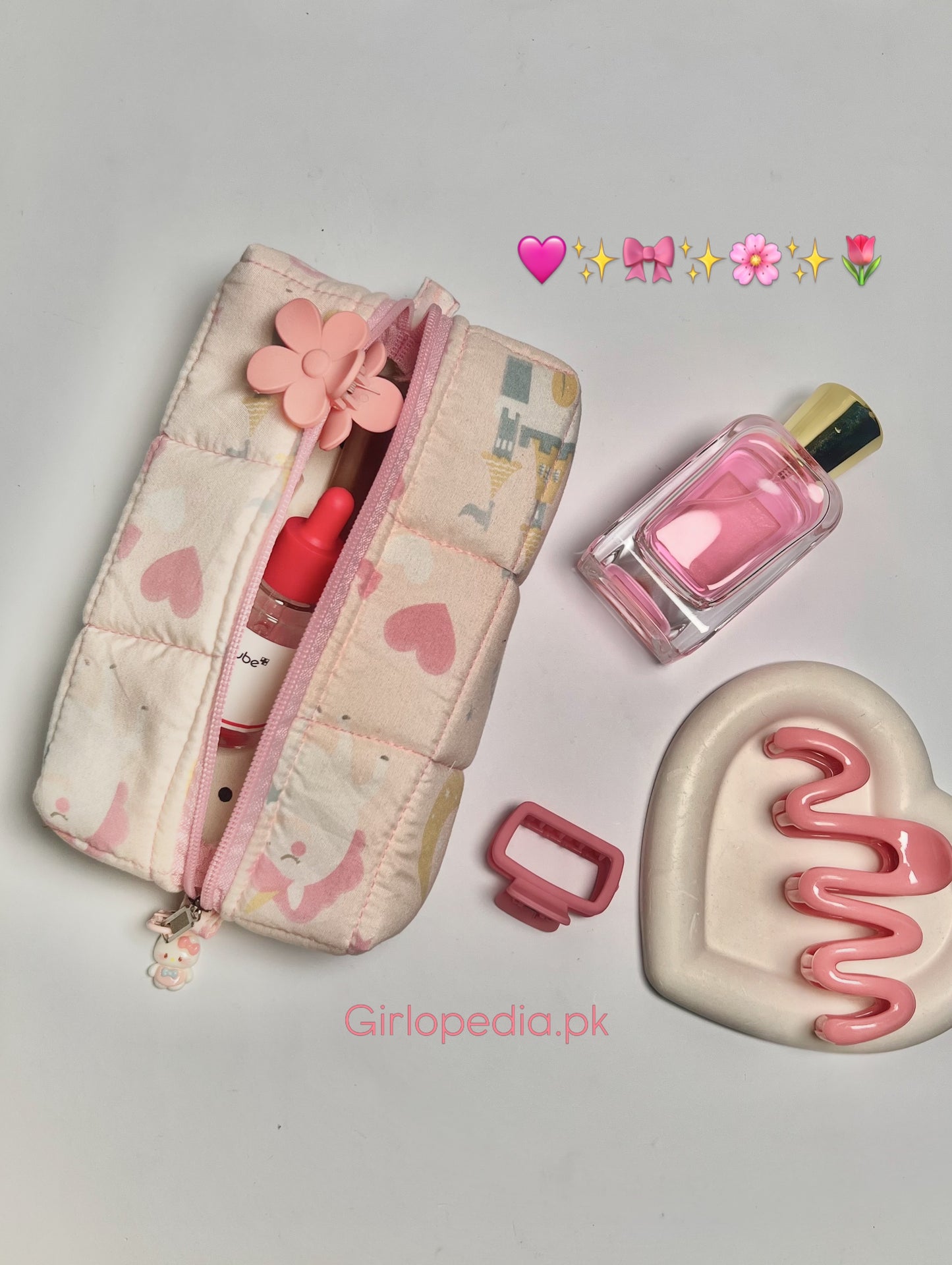 Cute pink makeup pouch - makeup bag for makeup Or skincare with free charm