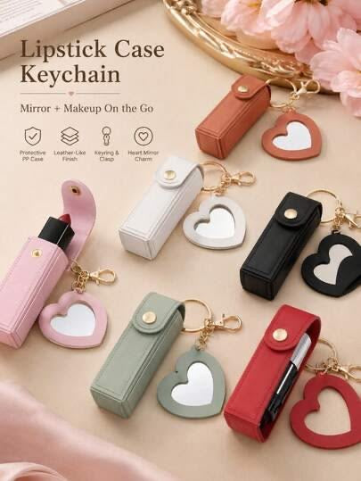 Portable cosmetic case compact mini lipstick holder gloss portable keychain with mirror
