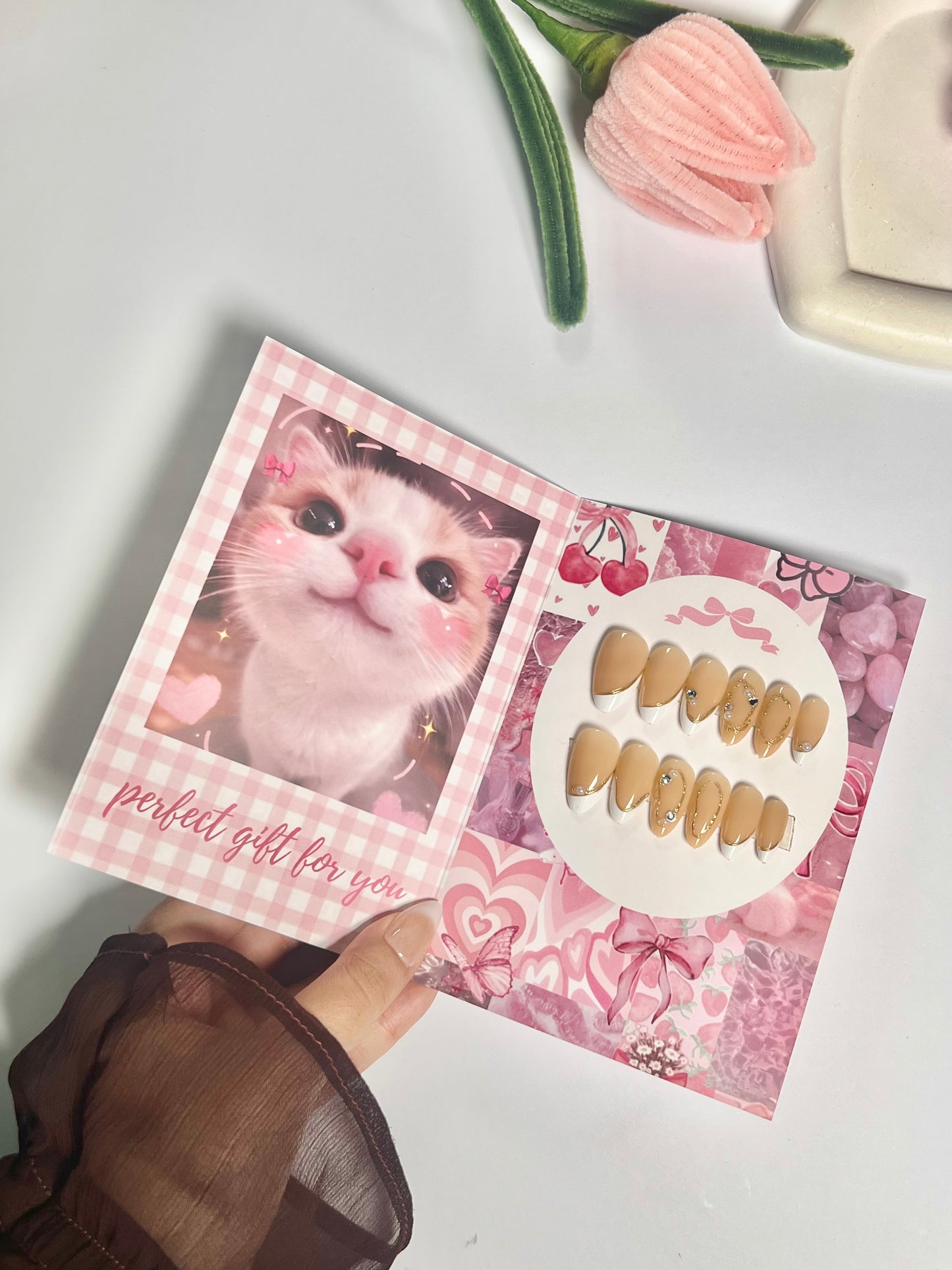 White french gold 3D chrome high quality press on nail set - cute gift card packaging