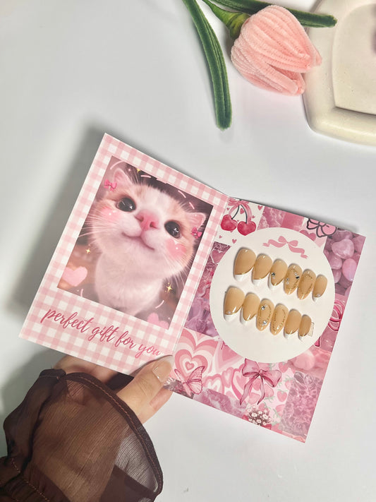 White french gold 3D chrome high quality press on nail set - cute gift card packaging