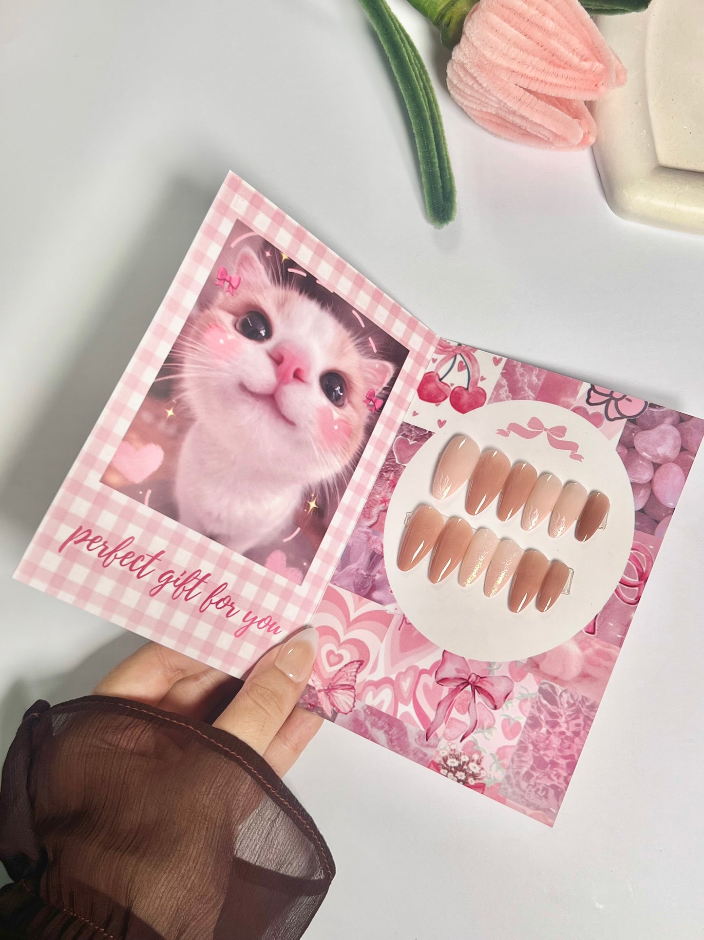 Premium quality pink long acrylic nail set - cute gift card packaging