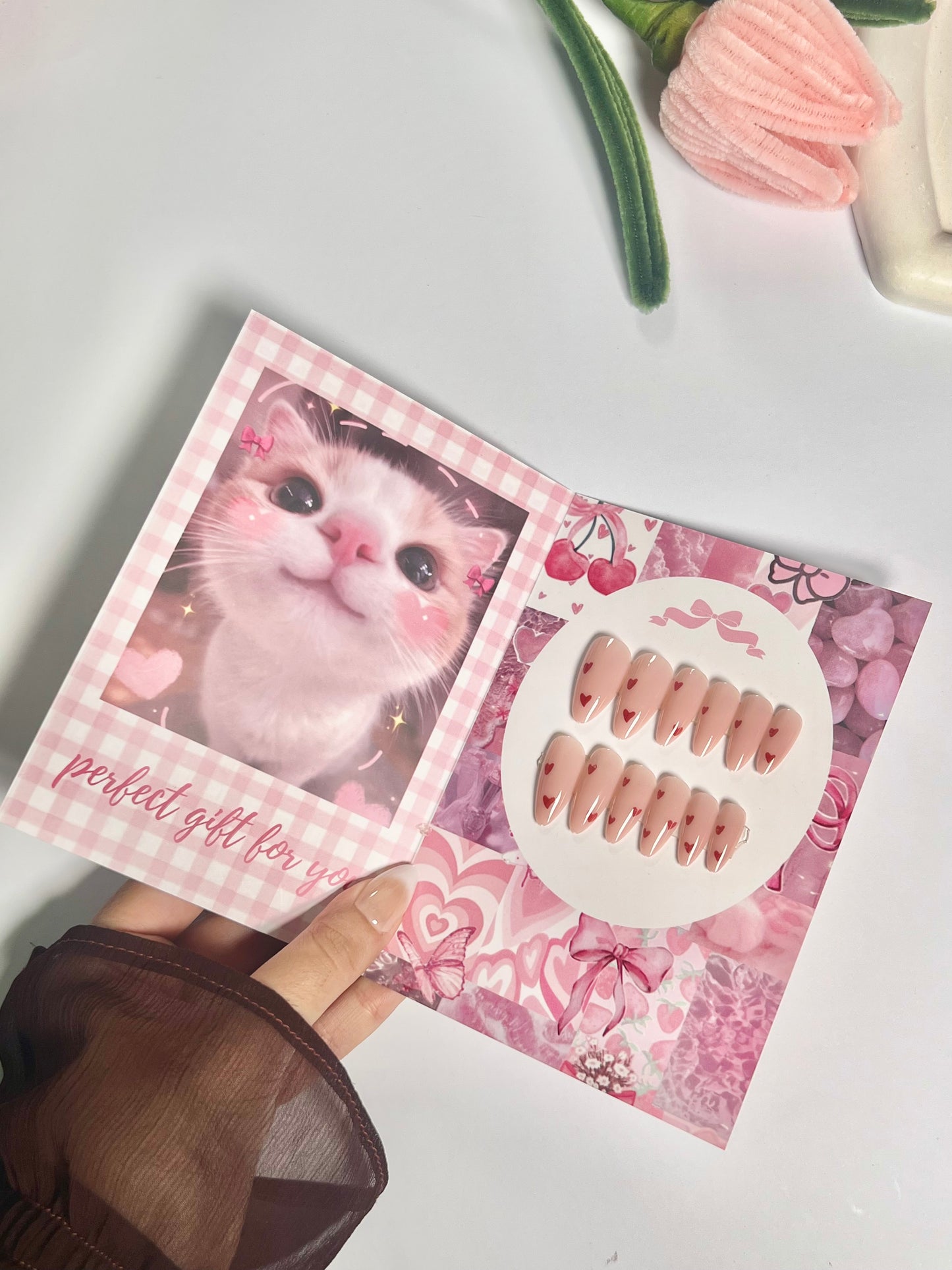 Red heart cute long nail set - cute gift card packaging