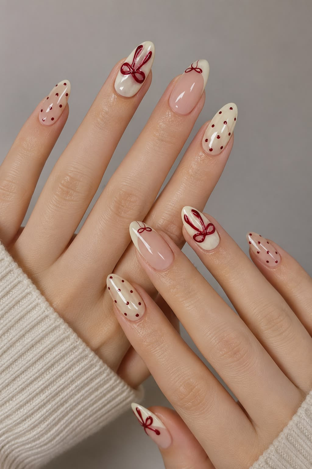 24pcs Cute minimal red bow polka dot nail set