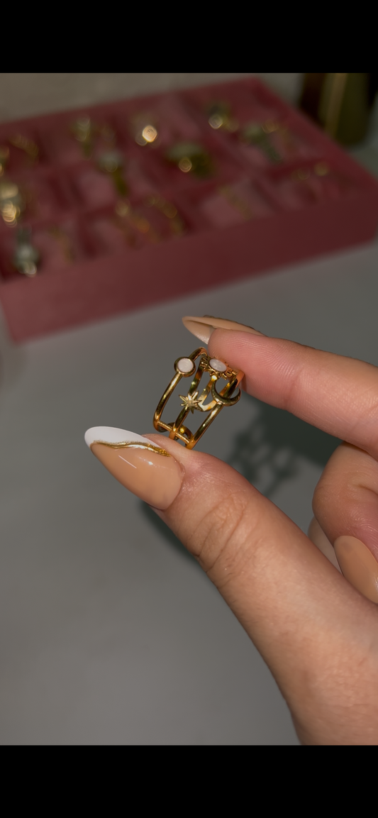Stainless steel adjustable moon & star ring